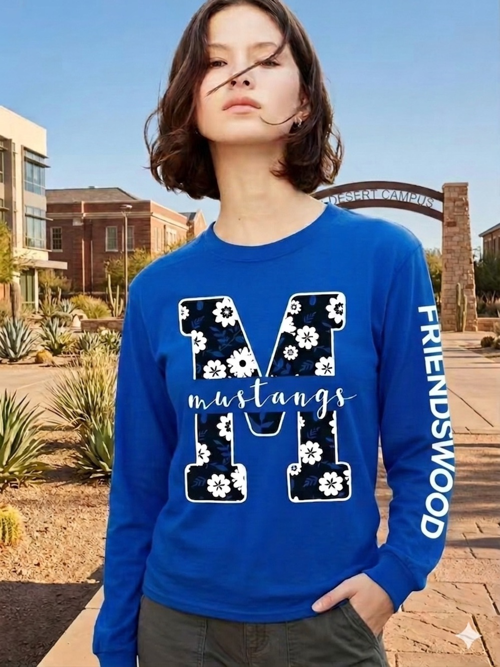 Jerzees Cobalt Blue Long-Sleeve Tee with Floral 'M' and Friendswood Sleeve